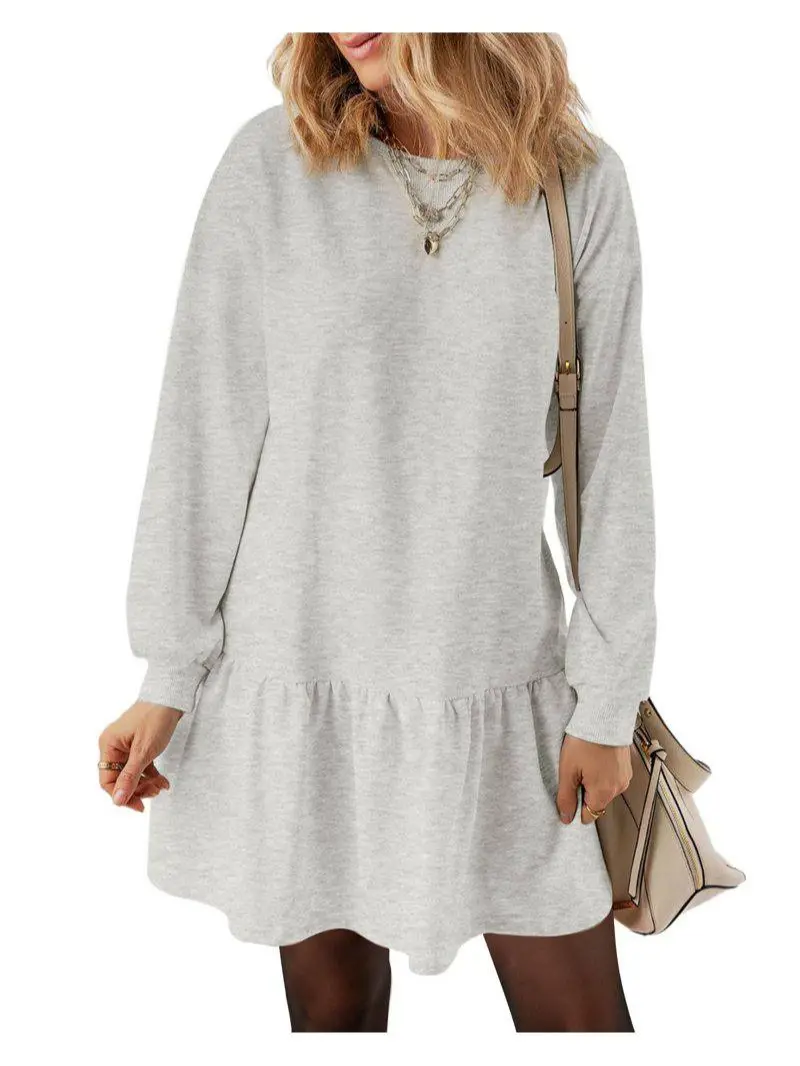 UVN Fall Dresses for Women Winter Long Sleeve Crewneck Oversized Casual Pullover Patchwork Sweatshirt Dress in Rib-Knit A-Line Silhouette