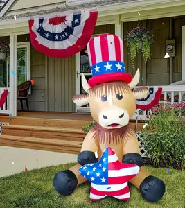 4FT Patriotic Independence Day 4th of July Inflatable Highland Cow Holding America Heart LED Lighted Blow Up Decoration Decor Home Yard Outdoor Indoor Decoration