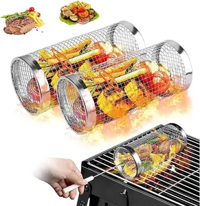 2PCS BBQ Net Tube Rolling BBQ Grilling Basket Round Stainless Steel for Barbecue Utensil