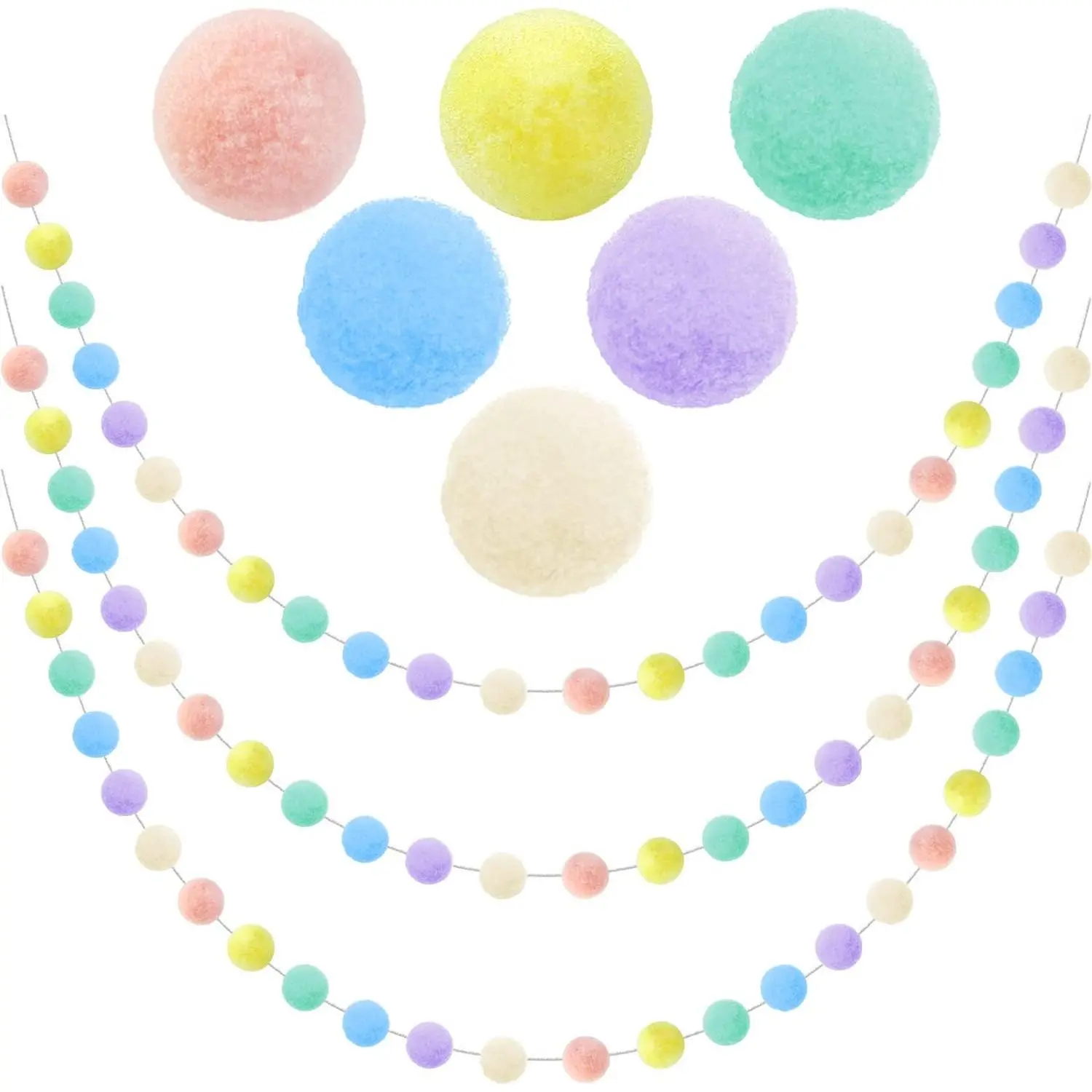3pk Pastel Pom Garland Hanging Easter Decorations Indoor Home Decor for Living Room Wall Classroom Christmas Tree  Cute Rainbow Colorful Felt Ball Baby Shower Birthday Party Supplies