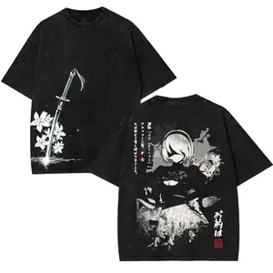 Nier Automata 2B v6 Yorha for the glory of the mankind Game Washed Tshirt Oversize 2 Sided Cotton unisex graphic game movie Tops graphic tee game acid wash