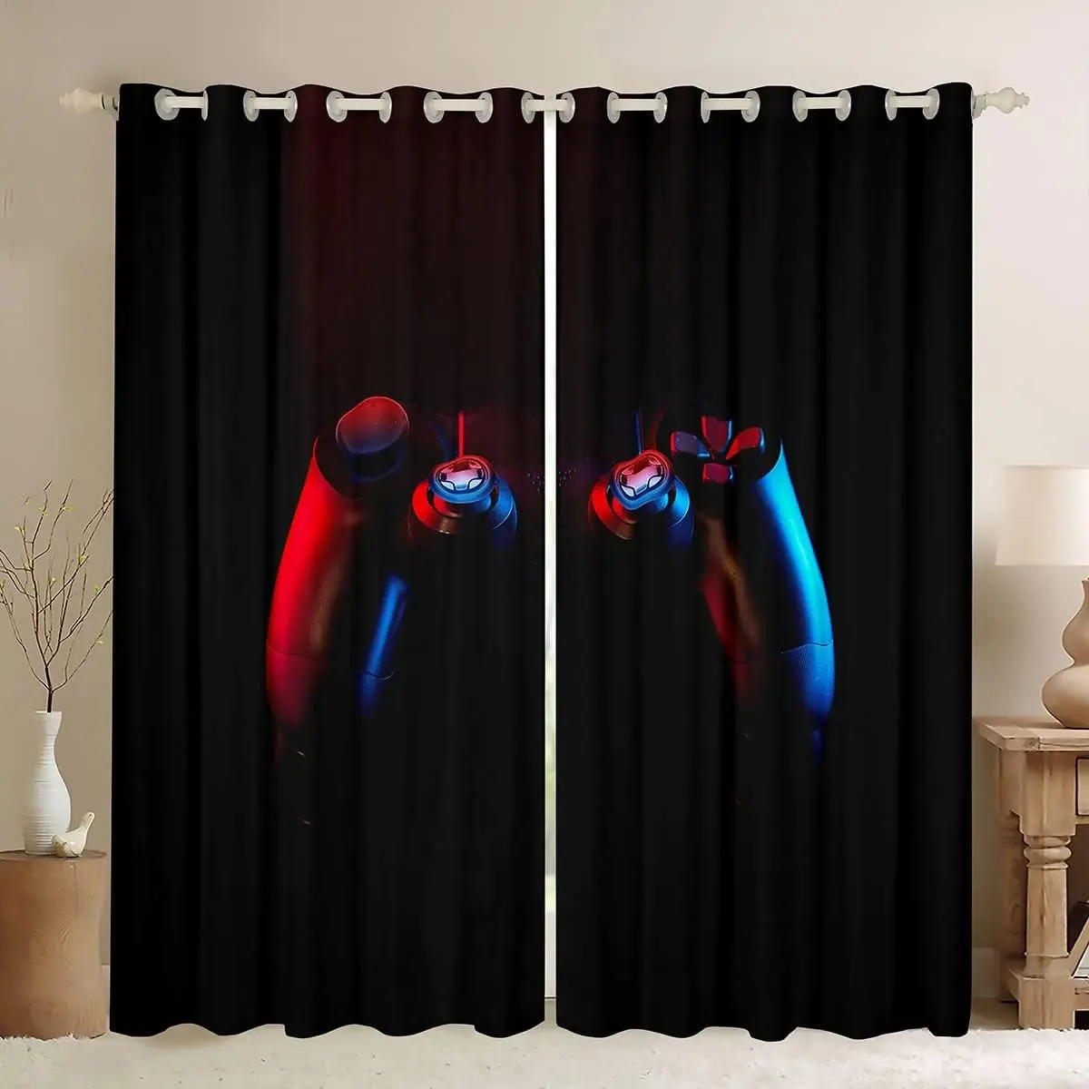 Feelyou High-Grade Velvet Gaming Curtains - 2-Panel Multi-Size, Black and Red Modern Game Controller Motif, Sunlight-Blocking Privacy Grommet Home Decoration Curtains for Gamer Room, Home Decoration Curtain, Privacy Grommet Curtains