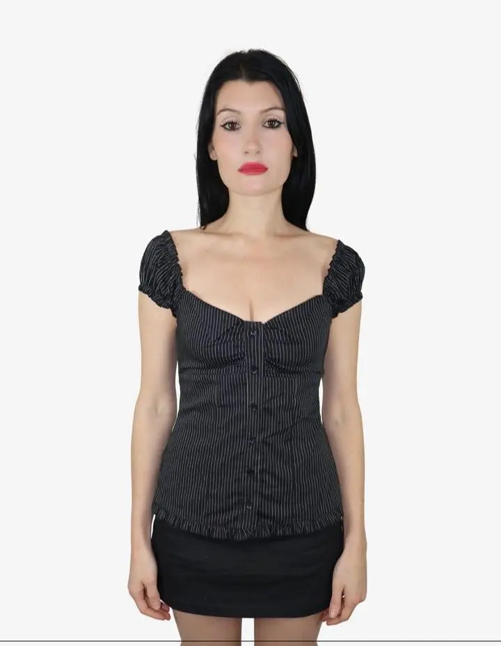 Vespera Cotton Blouse - 100% Cotton Black and White Pinstripe Top with Collared Neckline & Ruched Back Panel