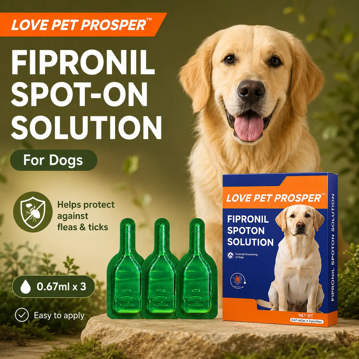 LOVE PET PROSPER Febrolide Flea and Tick Repellent Drops for Dogs, 0.67 ml x 3 tubes. Kills fleas, ticks, and mites. Safe ingredients, effective for 30 days.|COD