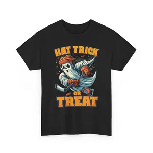Hat Trick or treat Funny  ice Hockey shirt for halloween Unisex Heavy Cotton Tee for hockey boys Girls