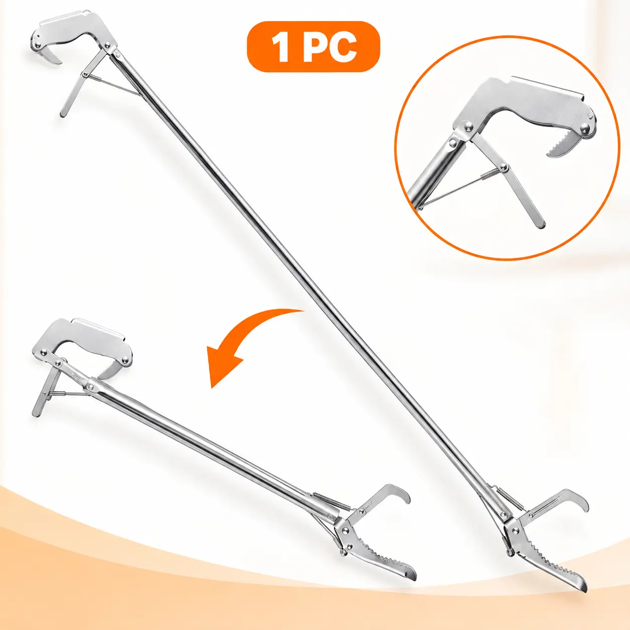 Heavy-duty grab tool with a locking mechanism and anti-slip claws, extended arm design, durable plastic construction, ergonomic handle design, telescopic grab tool, heavy-duty telescopic grab tool with magnetic chuck jaw