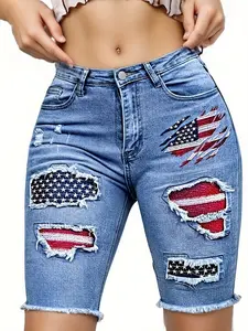 Comfortable Women's Jeans • Embroidered American Flag • Tight Fitting Ripped Elastic Bermuda Summer Shorts • Essential Spring Summer Outfits