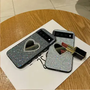 Rhinestone Heart-Shaped Mirror Phone Case for Google Pixel 10/9/8/7/6 A Pro XL – Sparkling Glitter Protective Case  #SZAXKBlack Smartphone Cellphone