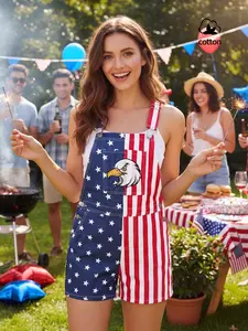 Women's Summer Everyday American Flag Print Denim Overalls, Star Striped Design, Eagle Embroidery, Large Pockets, Casual Short Pants