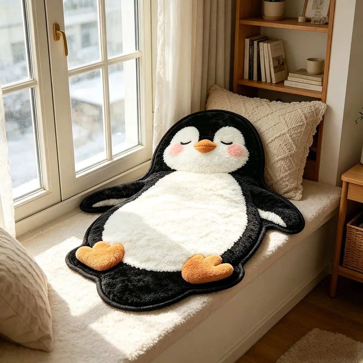 Penguin Shape Rug, Creamy Style Balcony Mat, Korean Soft Bedroom Bedside Carpet, Anti-Slip Living Room Sofa Pad, Washable Window Decor