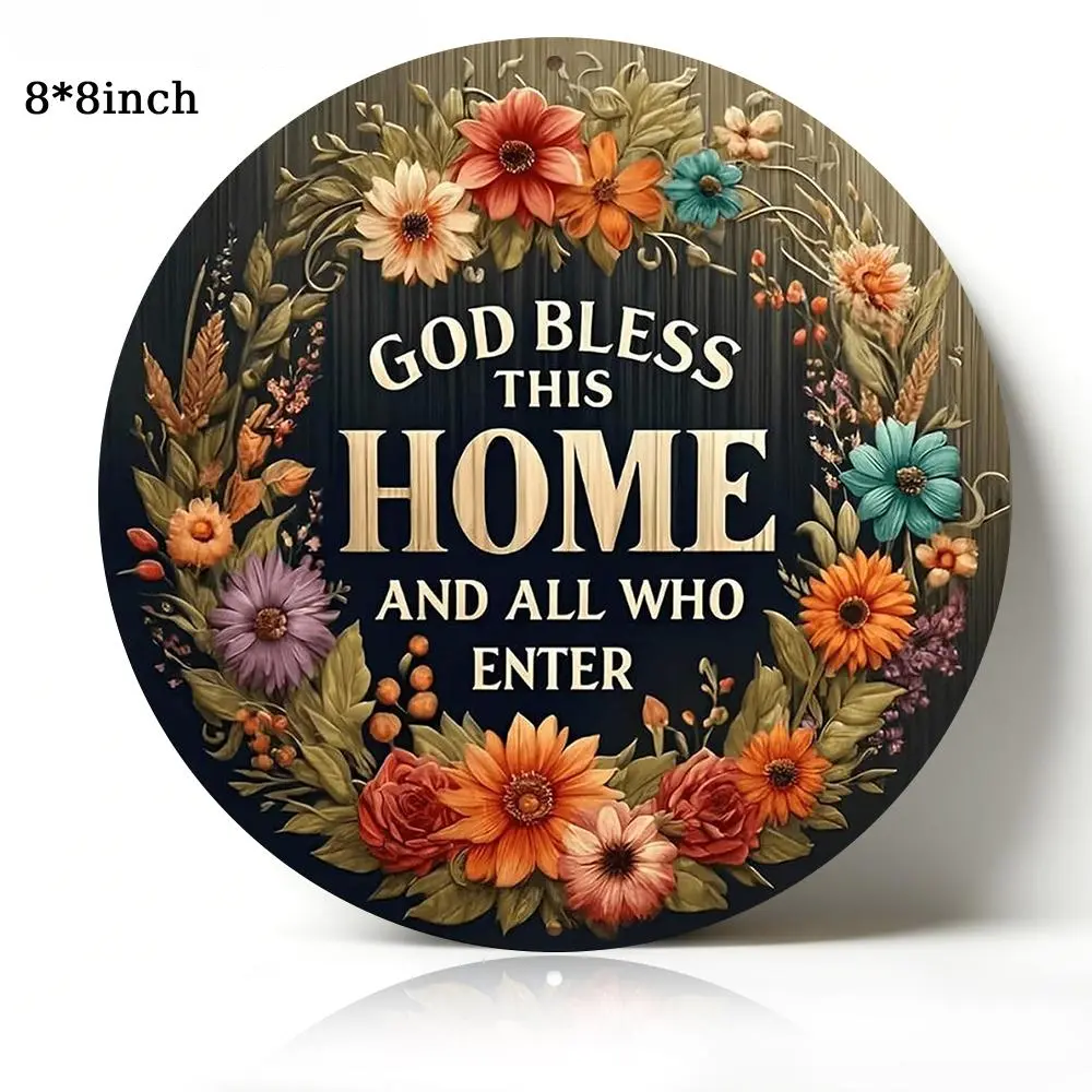 8x8 in God Bless This Home Round Metal Sign - Vintage Floral Rustic Lightweight Waterproof Colorful Wall Art Plaque, Kitchen Decor, Wreath-Compatible Gift for Religious Christian Families