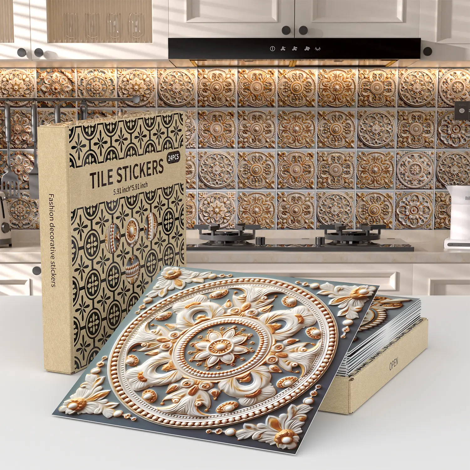 Kuujojo 48pcs Removable Peel&Stick Vinyl Decorative Sticker Tiles - 6x6in Self-Adhesive PVC Backsplash Tiles Sticker for Bathroom, Kitchen Home Improvement Supplies