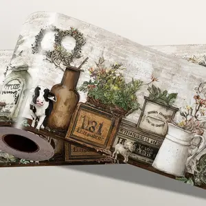 Peel and Stick Wallpaper Border for Kitchen Wall 15ft x 4in Wipeable Vinyl Rustic Country Removable Vintage Cotton Floral Border for Bathroom Cabinet