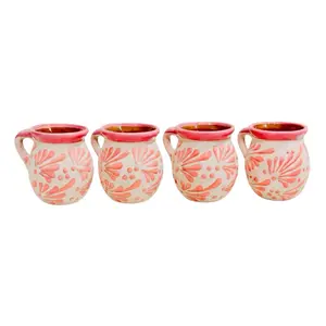 Mexican Pink Talavera 4pc Feathered Coffee Mugs 4 Tazas Rosas de Barro Mexicano Handmade Talavera Jarritos Plumeado 12oz