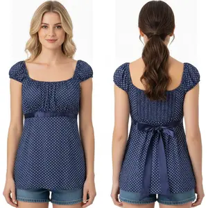 Women's Polka Dot Peplum Blouse, Square Neck Cap Sleeve Smooth Silky Satin Top with Back Bow Tie & Smocked Waistband for Casual & Dressy Occasions