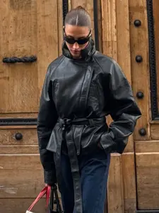 Women's Fall Winter Motorcycle Style Plain Long Sleeve Faux Leather Fitted Short Jacket, Street Fashion Asymmetrical Vintage Coat