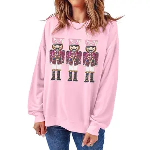 Women's Pink Christmas Nutcracker Graphic Pullover Sweatshirt with Sequins