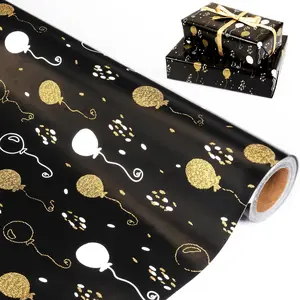 Birthday Wrapping Paper Roll - Matte Black and  Foil  Wrapping Paper for Women Men Boys Girls,  Foil Balloon Design  Wrap for Birthday Father's Day Graduation, 17 Inch X 33