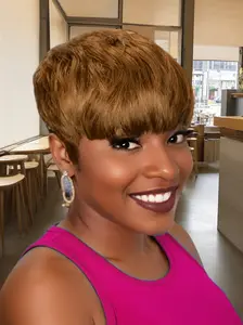 Short Brazilian Human Hair Wigs with Bangs Natural Colorful Pixie Wigs for Women Daily Party Use