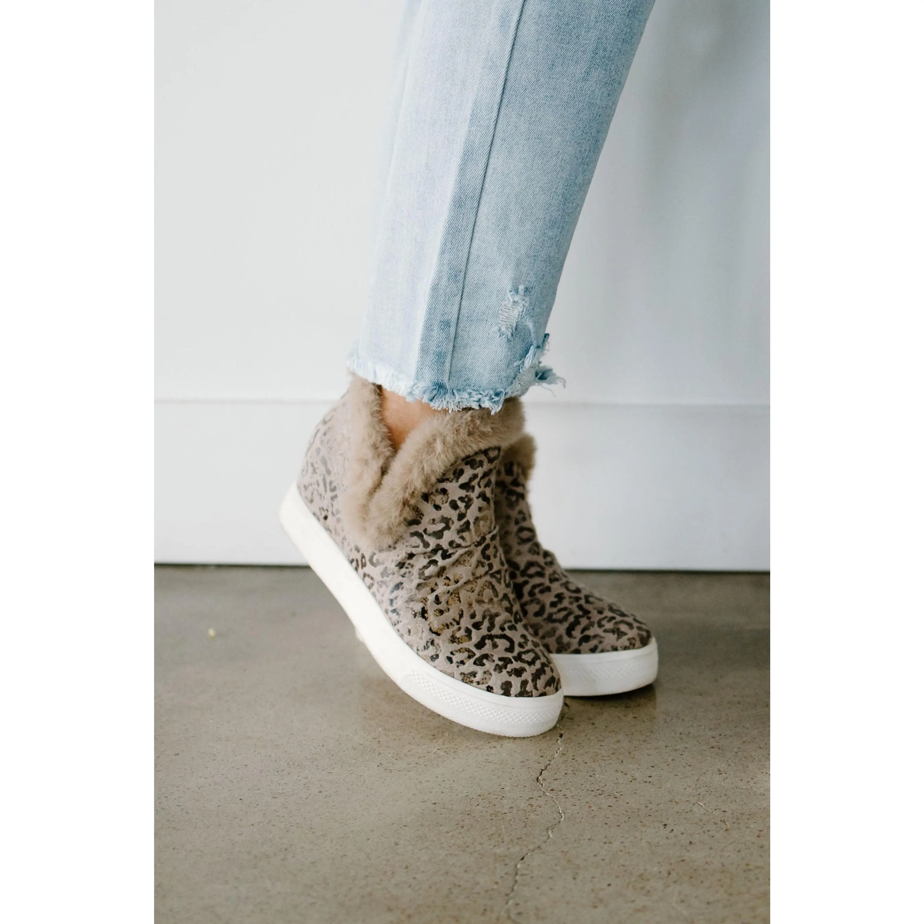 Getting Ahead- Taupe Leopard Fur Lined Wedge Sneakers
