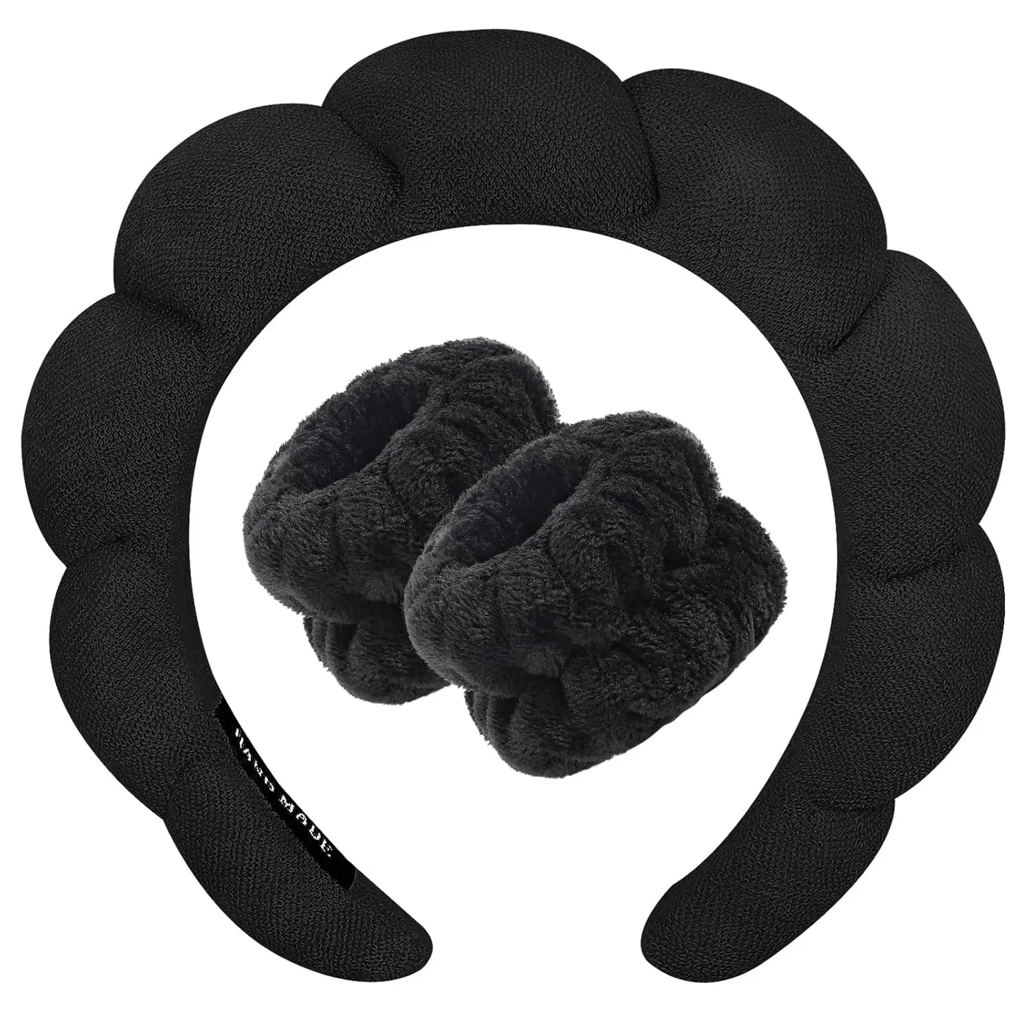 Spa Headband for Washing Face Wristband Sponge Makeup Skincare Headband Terry Cloth Bubble Soft Get Ready Hairband for Women Girl Puffy Padded Headwear Non Slip Thick Hair Accessory(Black) Gift