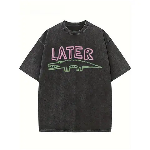 Men's Vintage Oversized Stretch Short-Sleeve Graphic T-Shirt - Washed Cotton, Soft Fabric, Loose Fit, Round Neck, Breathable, Sarcastic Later Gator Print, Unisex Casual Top for Valentine & Holiday Parties