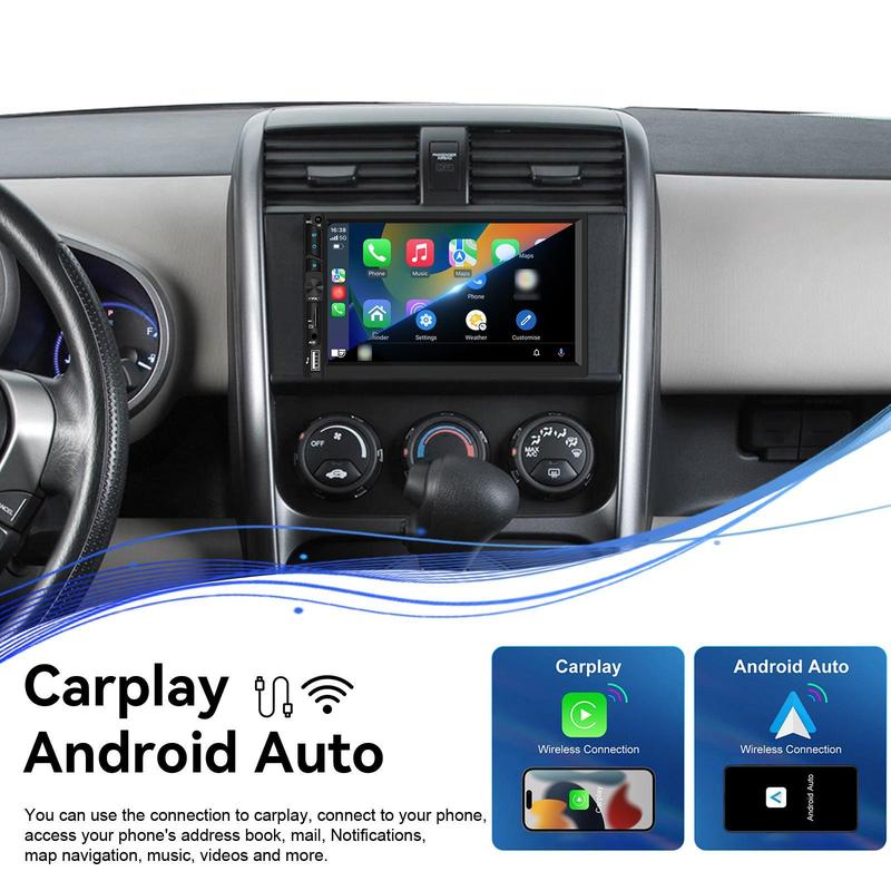 7” IPS Touch Screen Double Din Wireless Carplay Android Auto Car Stereo, Auto Radio with YouTube Video Playback, WiFi GPS FM Bluetooth Hands-Free, Mirror Link, Backup Camera, EQ, USB/AUX/SWC, MIC, car accessories, Father's Day Gift