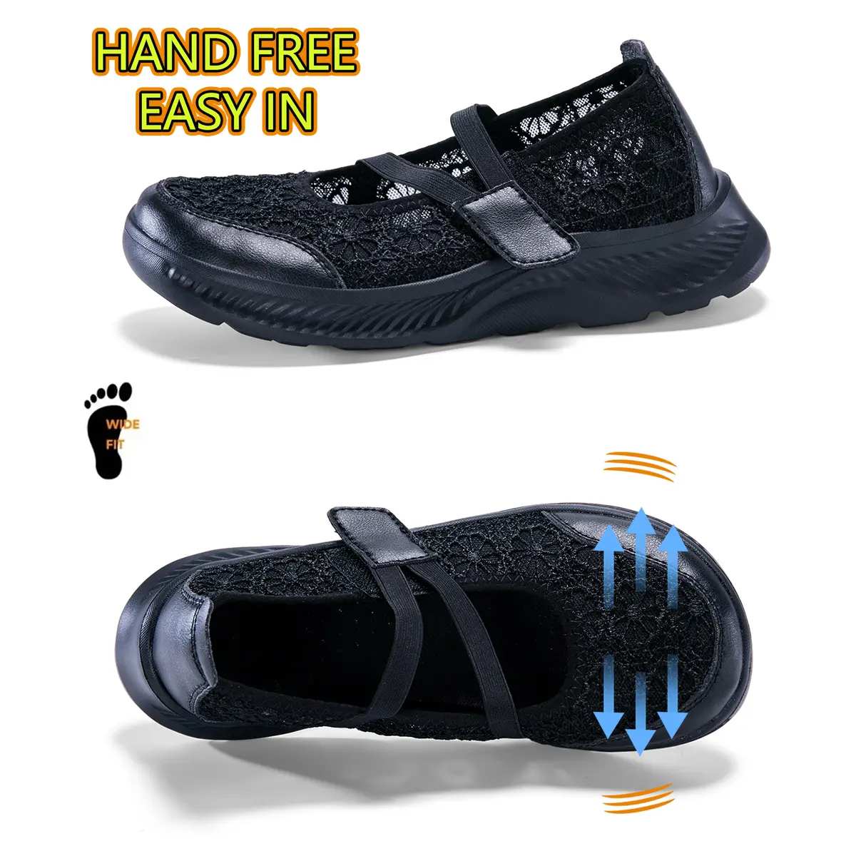 No Bend Hands Free Slip In Women Casual Shoes, Wide Toe Breathable Floral Lace Sneakers, Adjustable Magic Strap Non Slip Daily Walking Flats