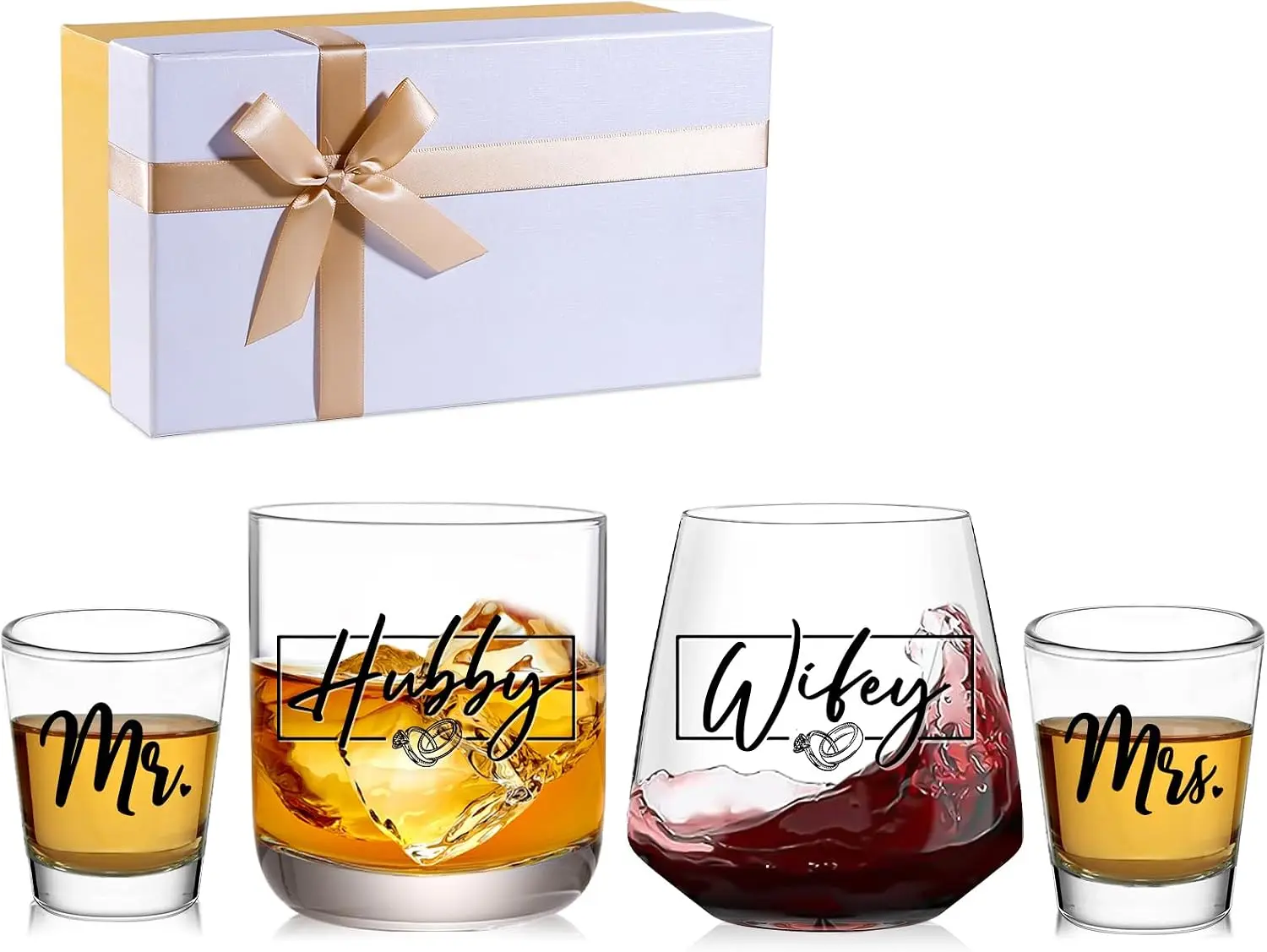 JOVGANK Classic Drinkware - His and Hers Mr and Mrs Hubby Wifey Shot Glasses, 2026 Wedding Bridal Shower Anniversary Gift for Bride and Groom