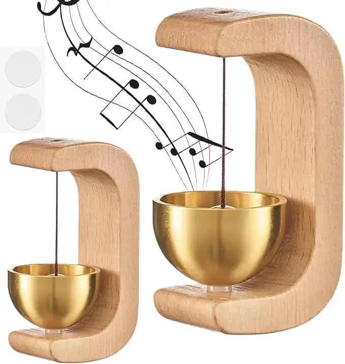 2 Pack Magnetic Door Chime, Wooden Door Bell with Brass Bell, Battery-Free Entry Alert for Home, Office, Shop and Pet Doors