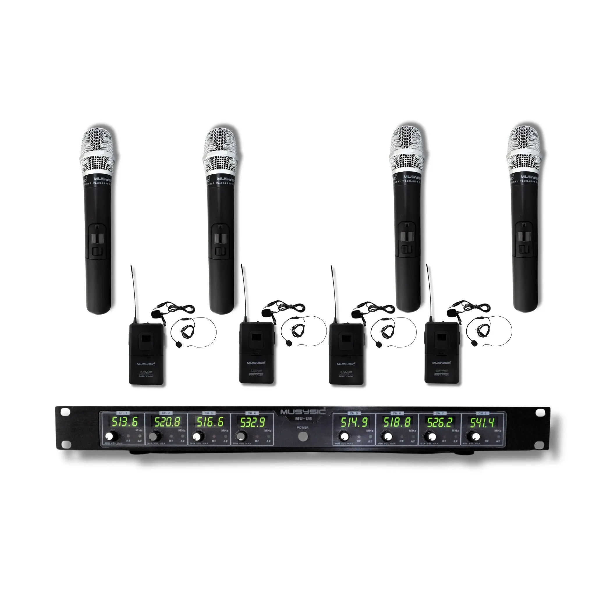 MUSYSIC MU‑U8‑HL Professional 8‑Channel UHF Wireless Microphone System – 4 Handheld + 4 Lavalier/Headset Bodypacks, Long‑Range, LCD Displays