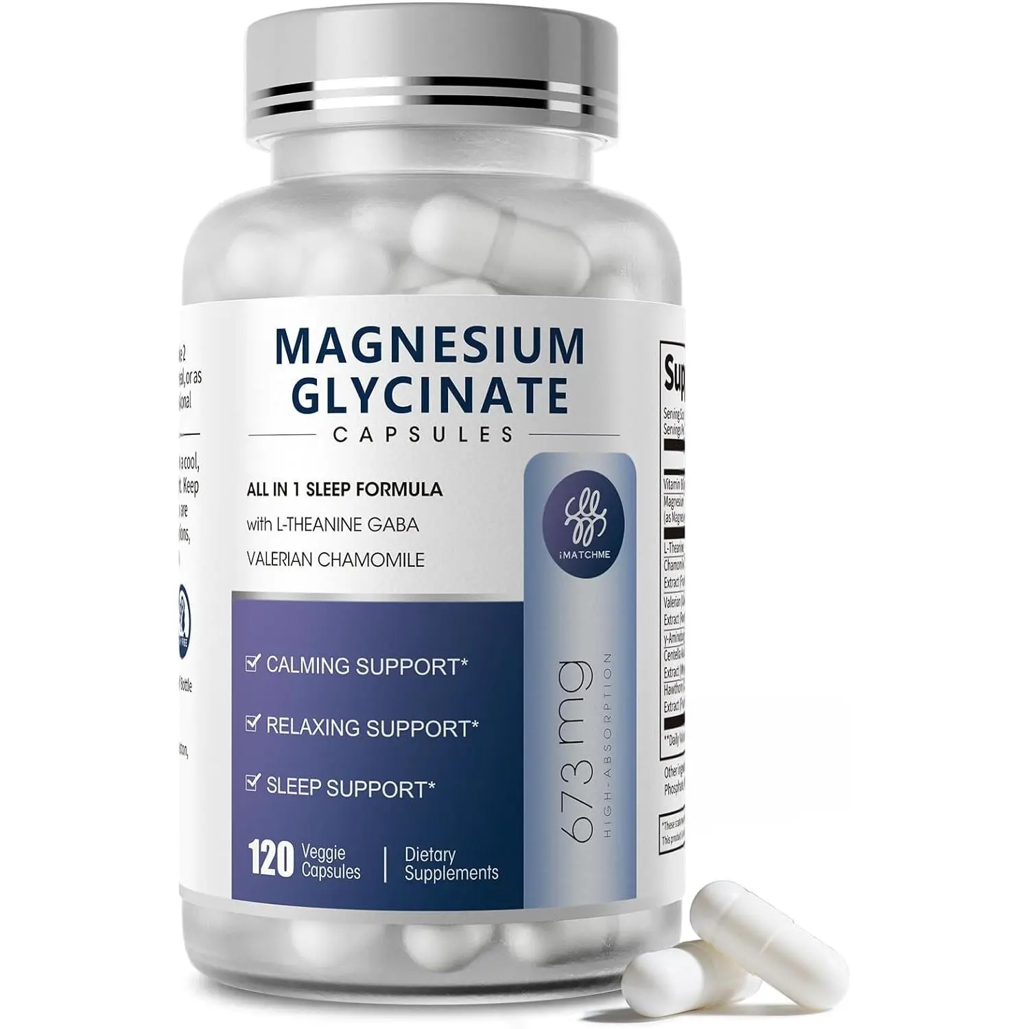 iMATCHME Magnesium Glycinate 850mg Capsules with L-Theanine, Chamomile & GABA for Sleep, Calmness, Muscle, Bone Health & Immune Support, Magnesium for Women and Men, Vegan, High-Absorption, 120 Count