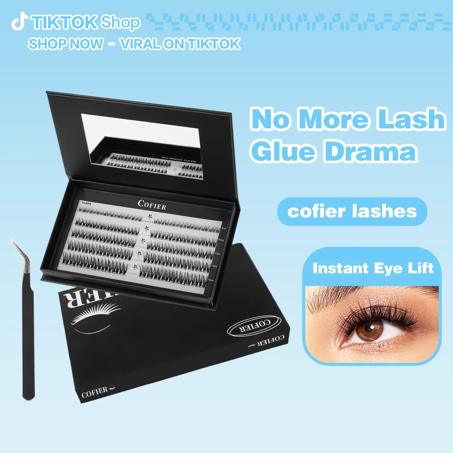 Cofier DIY Lash Kit Press on Lash No Glue Lash Self-Adhesive Eyelash Kit Individual Lashes Beginner Friendly Eyelashes with Tweezers(80/90/120 Pcs)