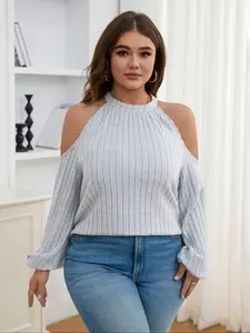 Plus Size Women's Long Sleeve off Shoulder Ribbed Knit Top, Soft Fluffy Plain Color Comfortable Slim Fit Casual Wear