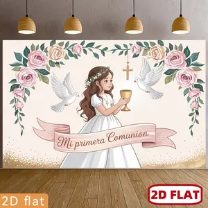 1pc 2D Flat banner - - for Party Banner , One Polyester Backdrop Featuring a Charming Girl with a Chalice And Doves for My First Communion, Suitable for Decorating Homes, Clubs, Rooms, Farms, And Gardens, R