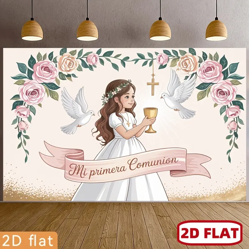 1pc 2D Flat banner - - for Party Banner , One Polyester Backdrop Featuring a Charming Girl with a Chalice And Doves for My First Communion, Suitable for Decorating Homes, Clubs, Rooms, Farms, And Gardens, R