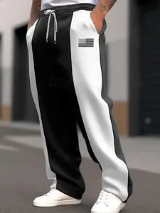 Men's outdoor color-blocking drawstring casual sports trousers, relaxed fit straight leg pants, soft and comfortable fabric, autumn and winter season daily wear trousers suitable for daily street wear, sports leisure, urban commuting and other scenarios.