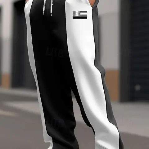 Men's outdoor color-blocking drawstring casual sports trousers, Casual Sportswear Pants, relaxed fit straight leg pants, soft comfortable fabric, autumn winter daily wear suitable for daily street wear, sports leisure, urban commuting