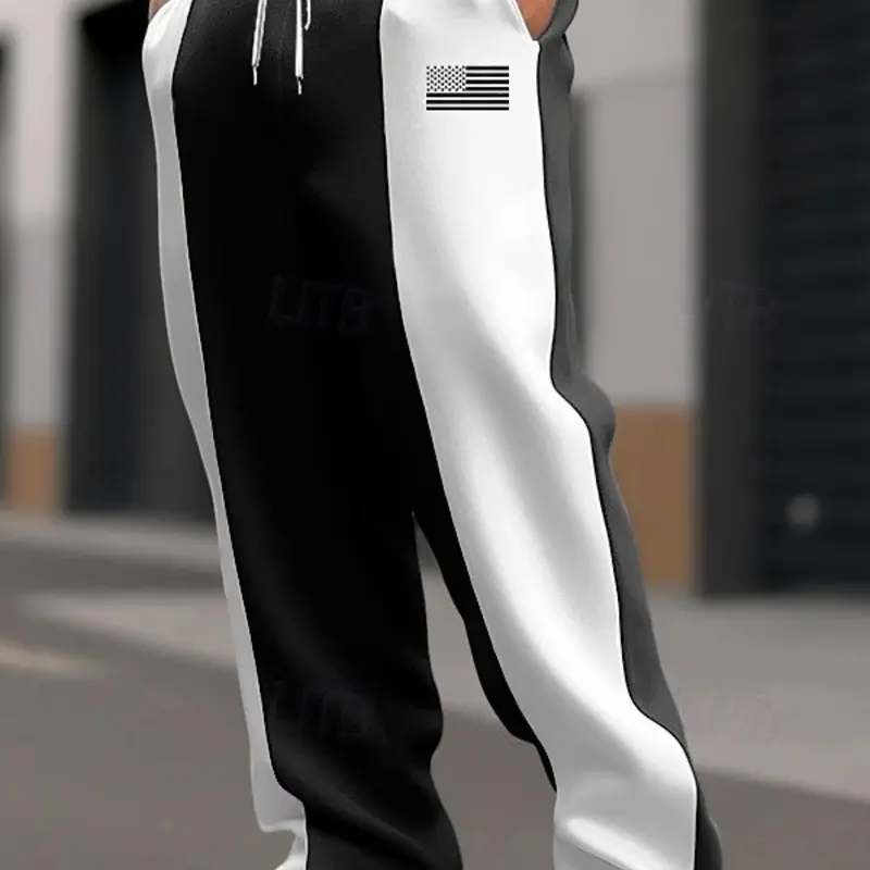 Men's outdoor color-blocking drawstring casual sports trousers, Casual Sportswear Pants, relaxed fit straight leg pants, soft comfortable fabric, autumn winter daily wear suitable for daily street wear, sports leisure, urban commuting