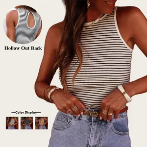 Asvivid Women's Summer Elegant Striped Print Vest Hollow Out Back Sleeveless Ribbed Knit Tank Top Basic Shirt Tops