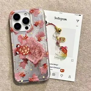 Koi Fish Pattern Phone Case with Phone Holder & Pendant, Decorative Phone Protector Cover, Phone Accessories Compatible with iPhone 11 12 13 14 15 16 Pro Max, Casing