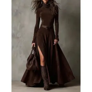 Spring Elegant European and American Fashion Commuter Stand Collar Long Dress Elegant Western Maxi Dress with Belt indian love prom Ruffles Off-Shoulder Mini bridesmaid dancing black dress Satin Cowl Neck Bridesmaid Gown 1957 wedding dress summer padme