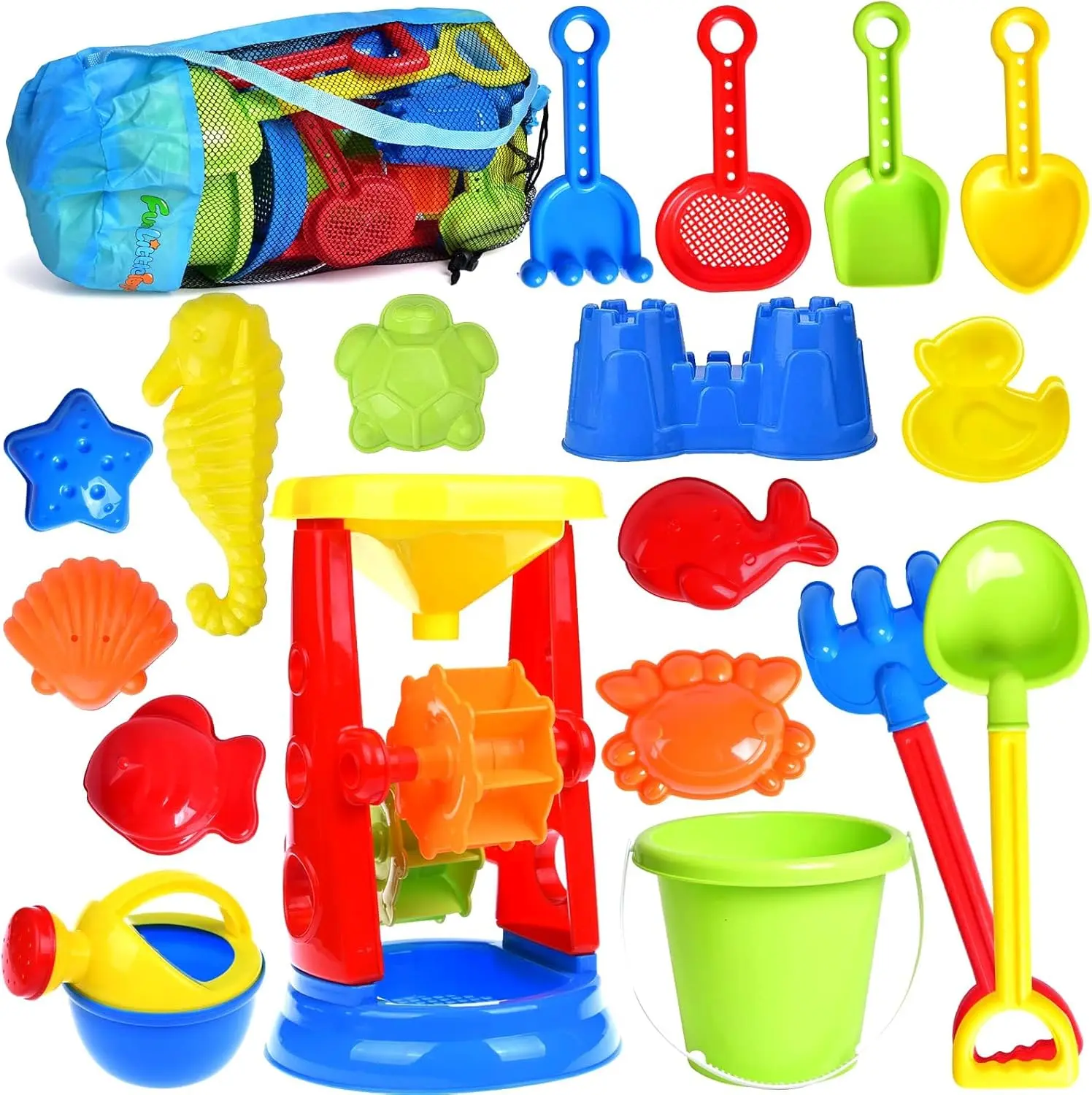 19 Piece Sand Toys Set Kids Sandbox Toys Includes Water Wheel Beach Tool Kit Bucket Watering Can Molds with Mesh Bag for Kids Ages 3-13