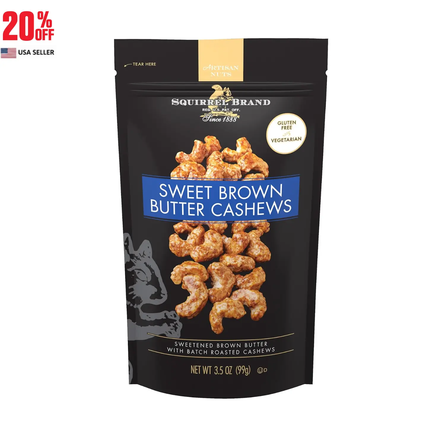 Sweet Brown Butter Cashews, 3.5 oz Resealable Bag, Gluten-Free, Vegetarian Nut Snack