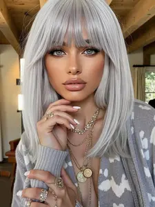 Fashionable New Medium Long Straight Light Grey Wigs with Bangs, Synthetic Women's Wigs Suitable for Daily Life, Parties or Cosplay Taking Photos, Synthetic Material Wigs