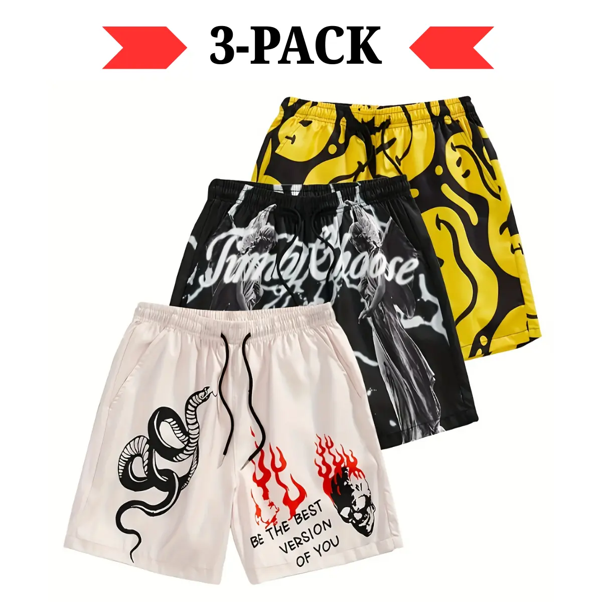 Men's 3-PC Mid-Waist Slim-Fitting Graphic Print Shorts, Quick-Dry Breathable Beachy Body-Fitting Color-Mixed Novelty Short Men's Bottoms, Casual Fashion Menswear for Gym Outdoor, Beachy Men's Shorts, Body-Fitting Men's Shorts