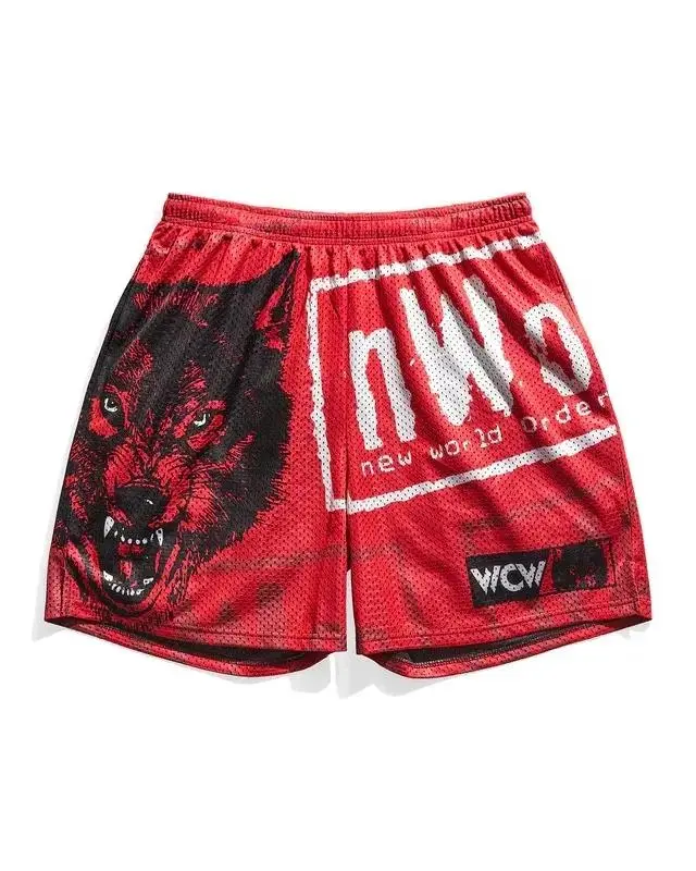 nWo New World Order Wolf Wrestling Mesh Shorts Streetwear Graphic Loose Fit Gym Shorts Breathable Casual Sports Shorts for Men Women Summer All Season Athletic Street Style