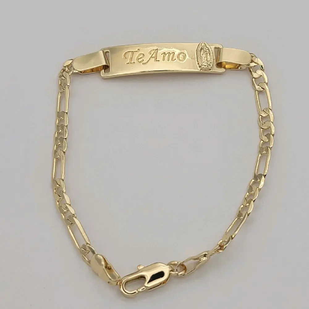 TE AMO ID BRACELET With Virgin Mary Figaro Style Bracelet 7 Inches 8mm plate 4mm Chain VALENTINE'S DAY GOLD PLATED