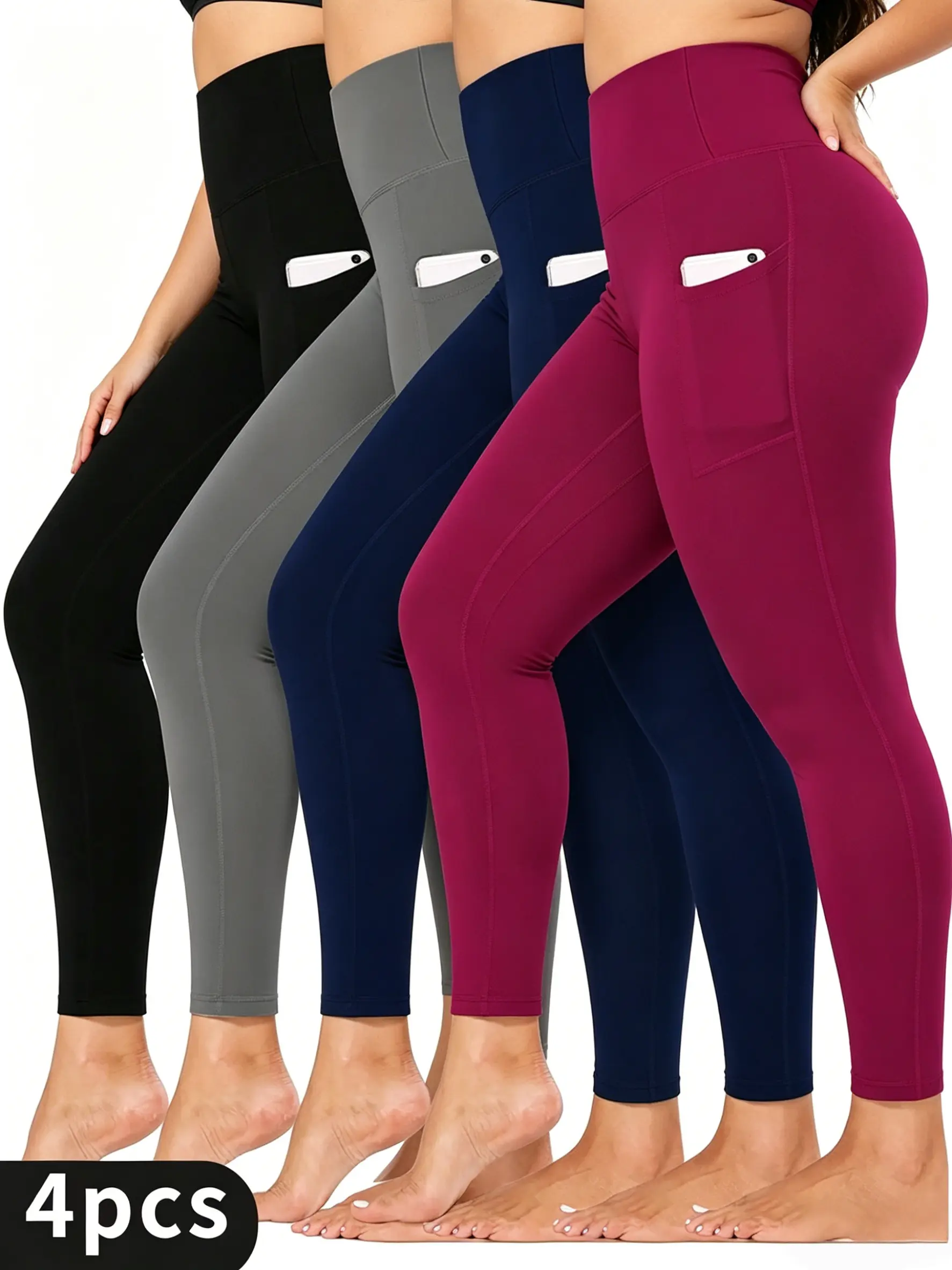 4pcs Plus size high-waisted solid color pants side pocket , tummy control simple fashionable and sporty, suitable for spring and autumn High Stretch Leggings Gym Workout Leggings