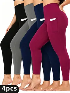 4pcs Plus size high-waisted solid color pants side pocket , tummy control simple fashionable and sporty, suitable for spring and autumn